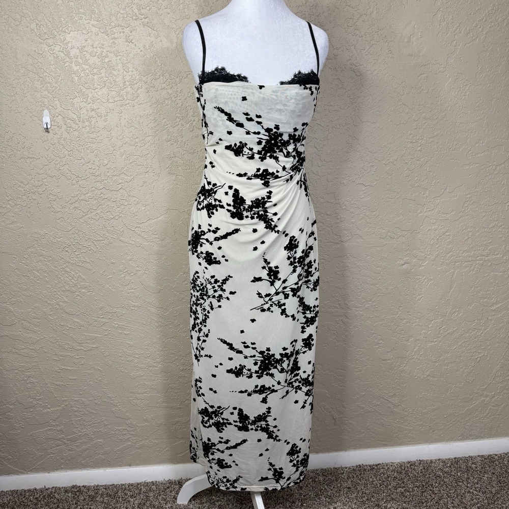 Fore Womens Black Floral Bodycon Maxi Dress Size M Cream Built-in Black Bra